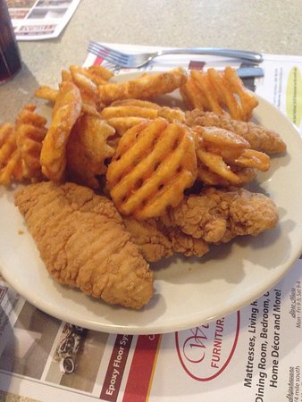Chicken tenders and waffle fries