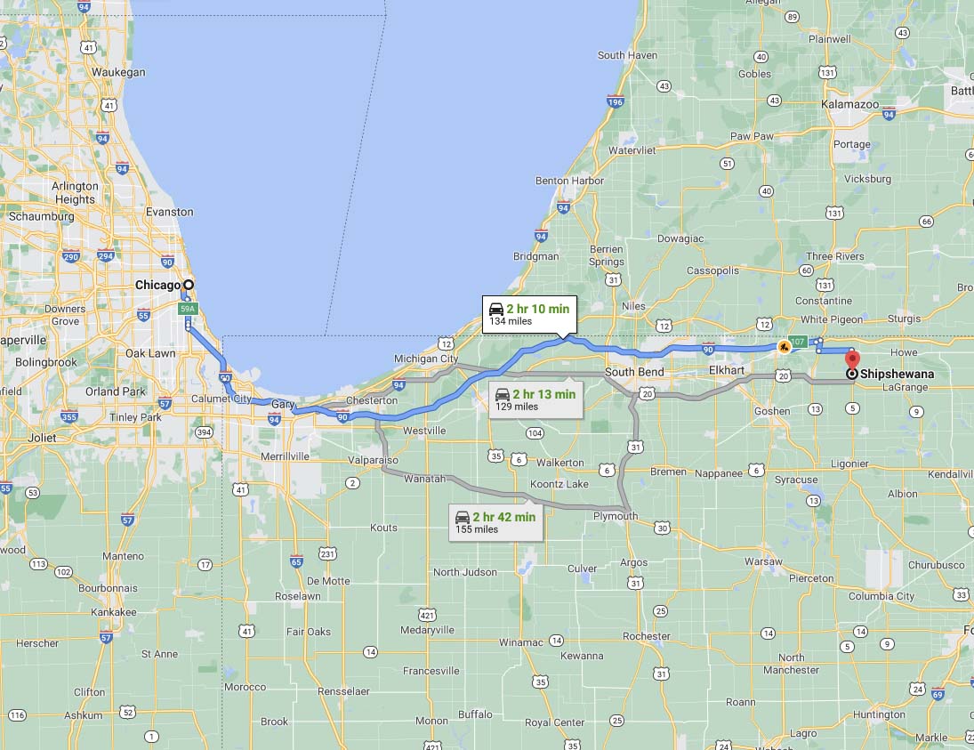 Google map from Chicago to Shipshewana