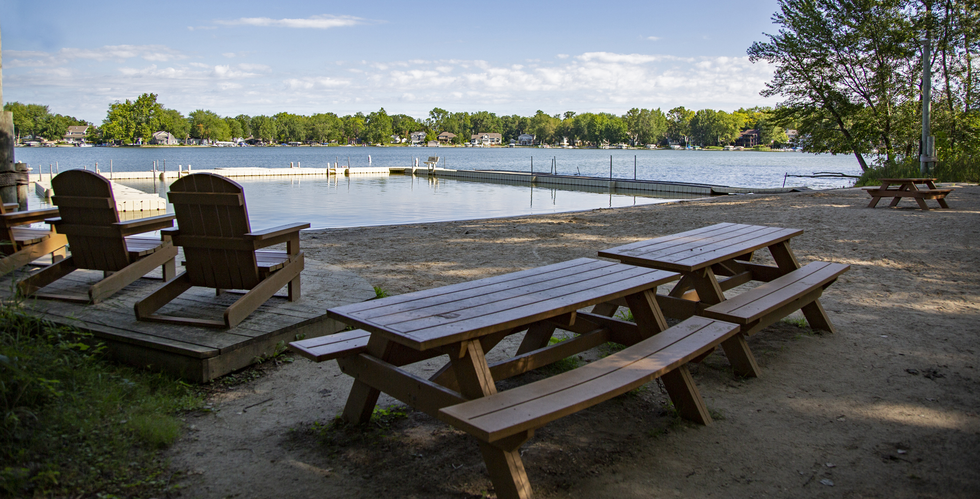 Picnic benches at a lake