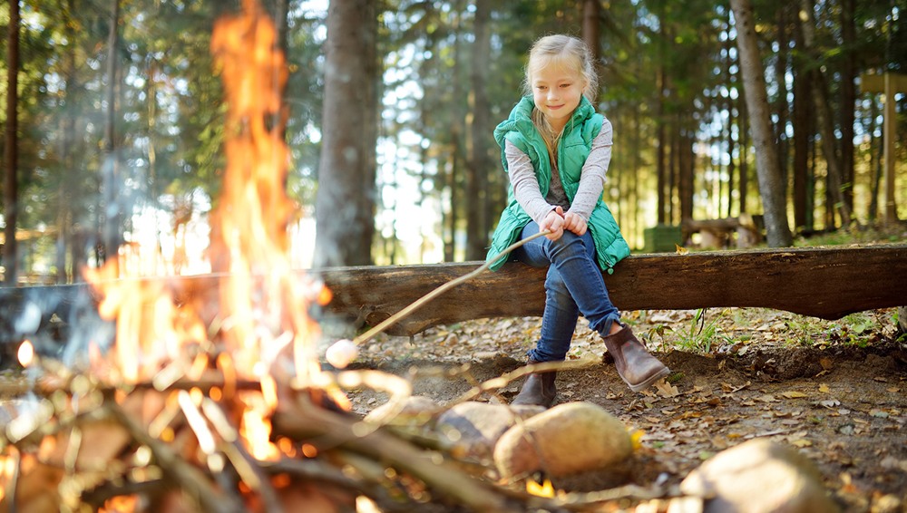 Child roasting marshmallow over a fire